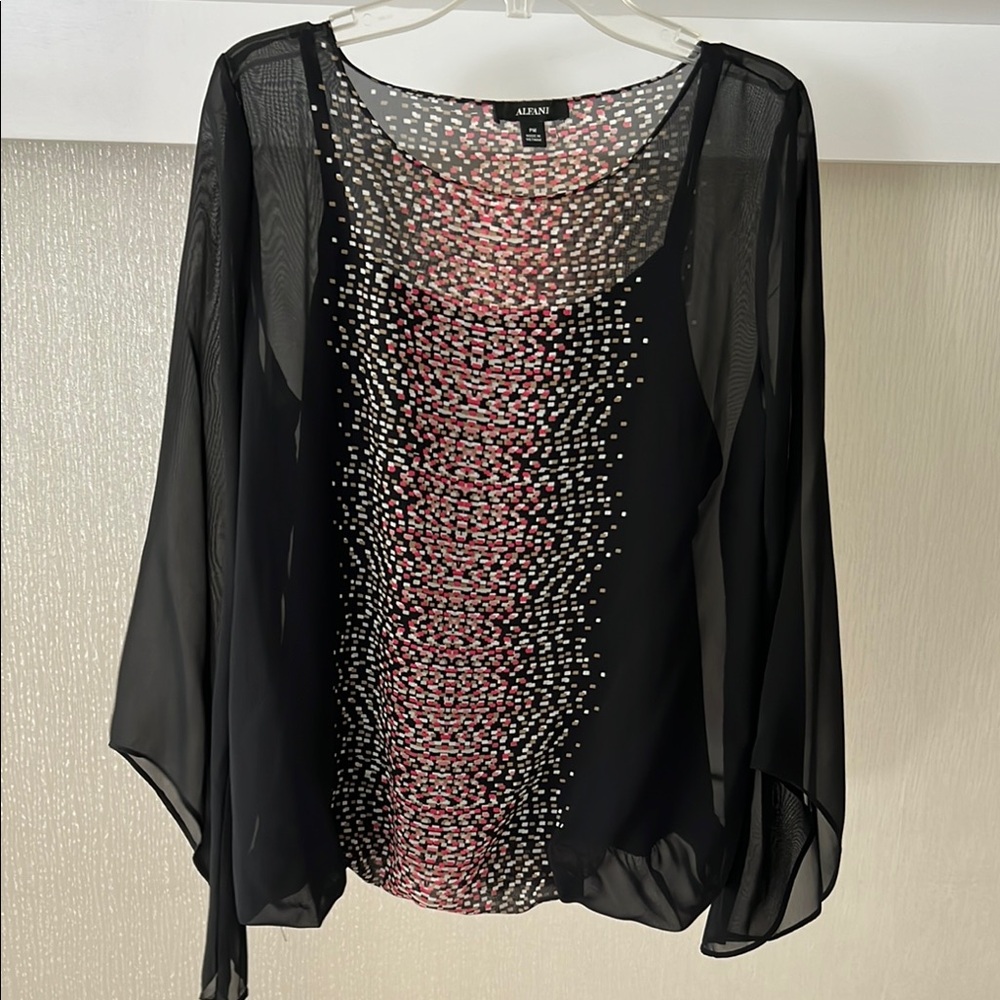 Alfani Black and Pink Flowy Sleeves Blouse